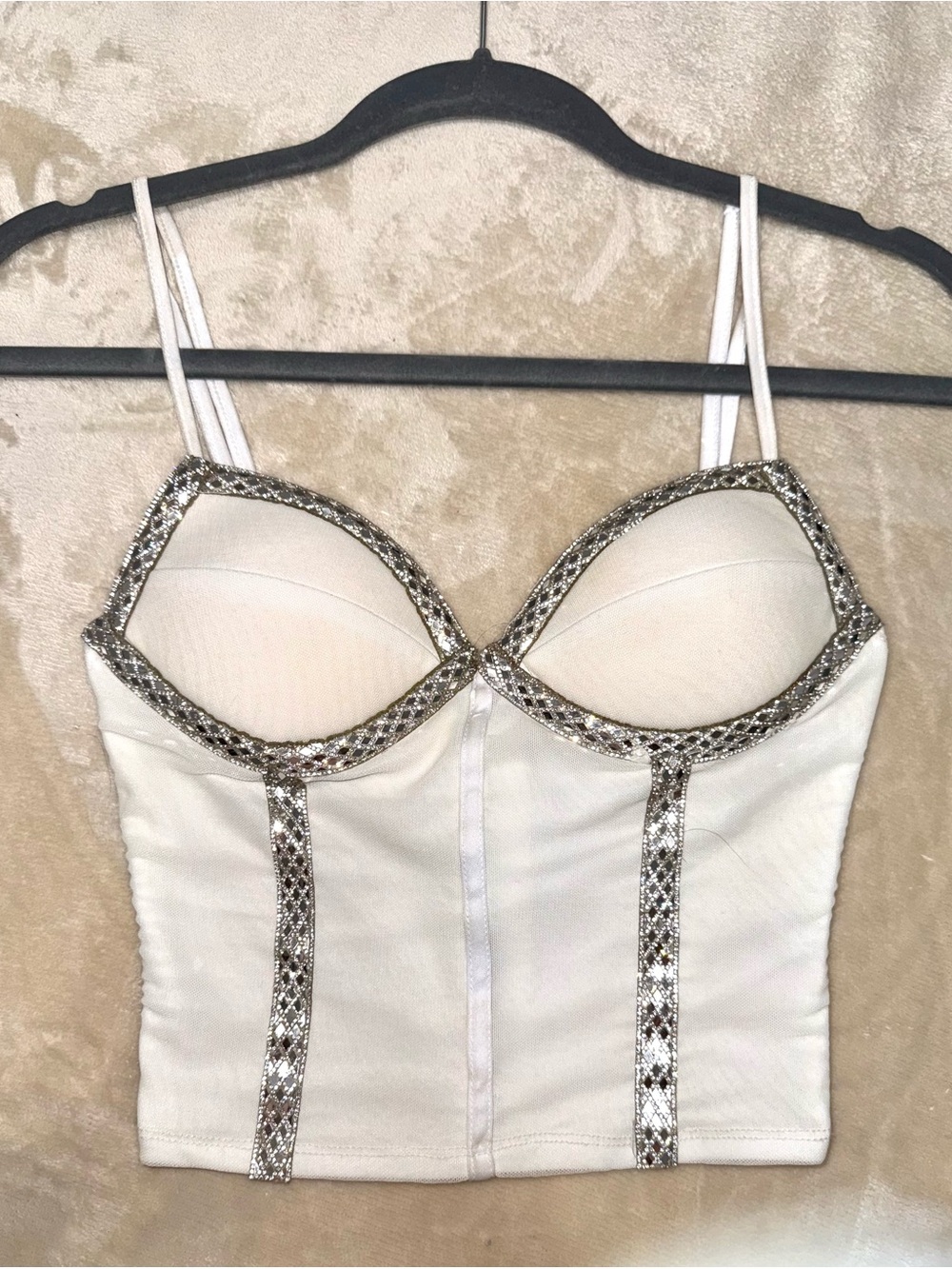 White Rhinestone Trim Bustier Crop Top